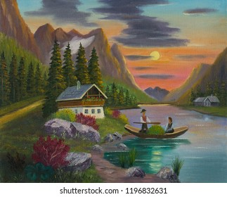 Oilpainting of a man and a woman in a small boat shortly before sunset