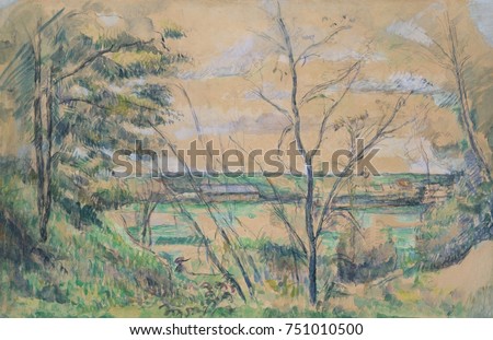 In the Oise Valley, by Paul Cezanne, 1878-80, French Post-Impressionist watercolor painting. Landscape study painted with gouache on a graphite drawing