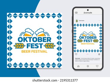 Oktoberfest Banner Or Poster With Beer Mugs. German Festival Logo, Sign, Label Or Badge. October Fest Square Background For Flyer, Advertising Card, Social Media Post. 