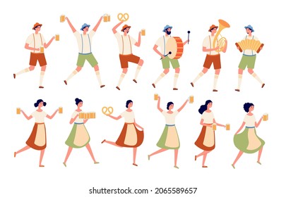 Oktoberfest Characters. Autumn Traditional Beer Festival, Persons Dancing With Drinks. German Fest, People In Bavarian Costumes Set