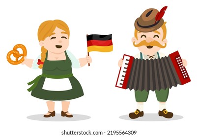 Oktoberfest Characters, Woman And Man With Germany Outfit With Food And Instrument