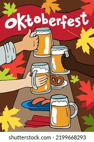 Oktoberfest. People Clink Beer Mugs At A Table With Traditional German Food And Colorful Maple Leaves Rasterized Copy. Greeting Card, Postcard, Poster