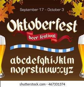 Oktoberfest vintage font with beer and autumn leaves on dark background. Octoberfest alphabet. Gothic label style.