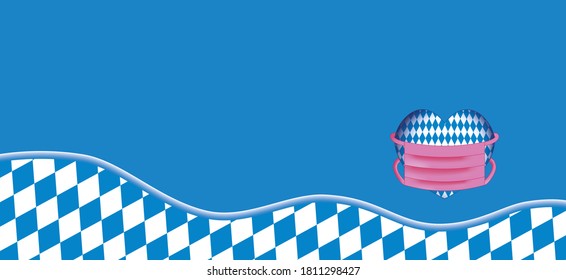 An Oktoberfest wave and a heart made of a blue and white diamond pattern with a pink mask on a blue background. 3d-effect - Powered by Shutterstock