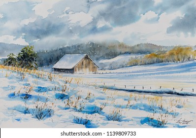 watercolor winter landscape red barn painting rural winter painting Barn in snow ORIGINAL watercolor winter scene country barn