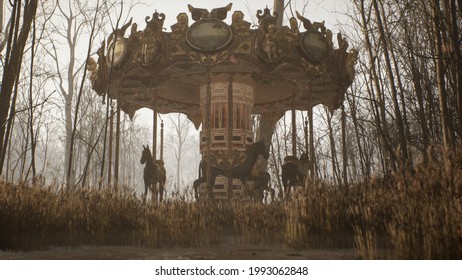 An old abandoned merry  go  round is spinning in the autumn mystical white forest  The concept an abandoned park after the apocalypse  3D Rendering 