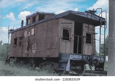 Old Abandoned Train Caboose On Tracks.