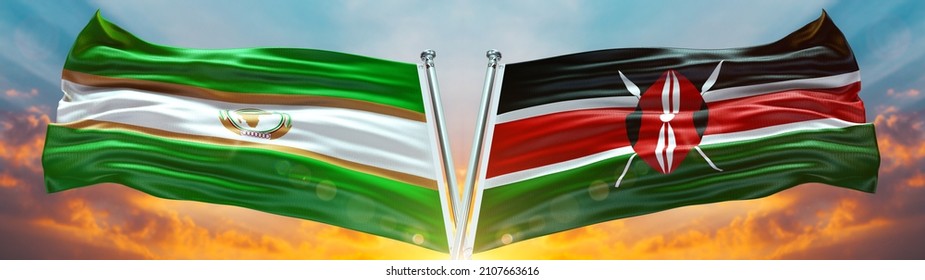 Old African Union Flag And Kenya Flag Waving With Texture Sky Clouds And Sunset Double Flag - 3D Illustration - 3D Render  