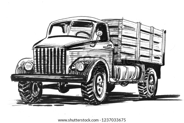 Old\
American truck. Ink black and white\
illustration