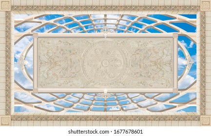 
Old architectural elements against the blue sky. Art ceiling. 3D Wallpaper.