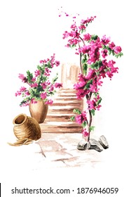 Old architecture of the Mediterranean, North Africa and  flowers of bougainvillea. Hand drawn watercolor illustration isolated on white background