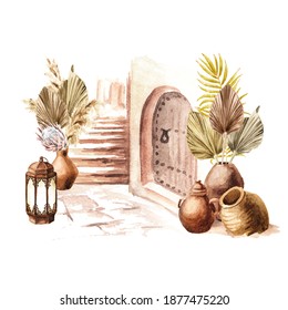 Old architecture of the Mediterranean, North Africa or Morocco. Jugs and flowers, Hand drawn watercolor illustration isolated on white background