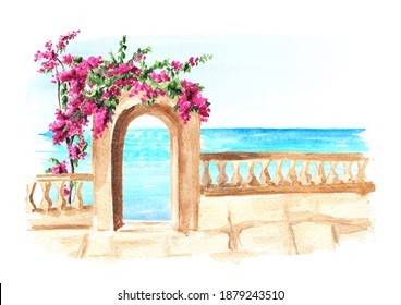 Old architecture of the Mediterranean or North Africa, sea and flowers of bougainvillea. Hand drawn watercolor illustration isolated on white background