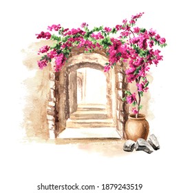 Old architecture of the Mediterranean, North Africa or Morocco.  flowers of bougainvillea. Hand drawn watercolor illustration isolated on white background