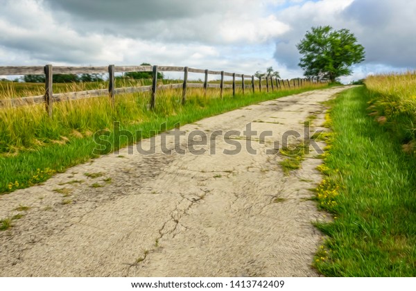 Old asphalt lane on grassy hillside with long,\
weathered equine fence on a cloudy day in summer, northern\
Illinois, USA, with digital oil-painting effect, for rural,\
suburban, and vintage\
themes