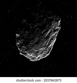 Old Asteroid With Shadow On Top With Lot Of Meteorite Damages, Add Little Extra To Your Space Scenes. Stark, Vacuum Lighting, Stars On Background. Irregular Shape. High Quality, 3D Generated