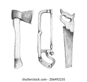 Old axe and crosscut saw illustrations