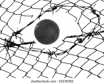 Old Barbed Wire Fence And Metal Ball  Isolated On White Background