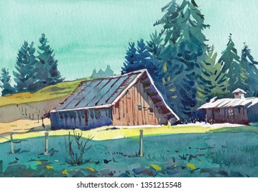 old barn cottage watercolor painting - Powered by Shutterstock