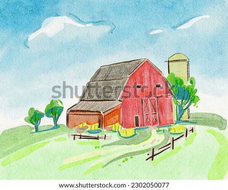  old barn painting Farm red barn. Agriculture tourism. Summer day. Landscape for greeting card. Watercolor painting. 
