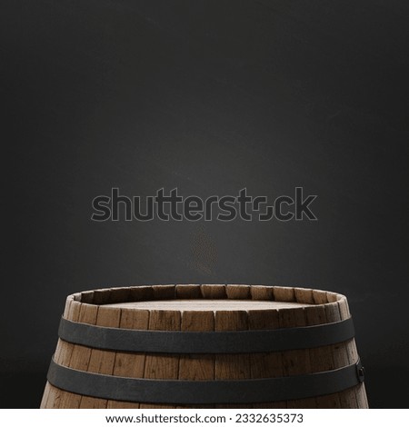 Old barrel in a dark basement. Empty barrel for display product or showcase. 3d illustration