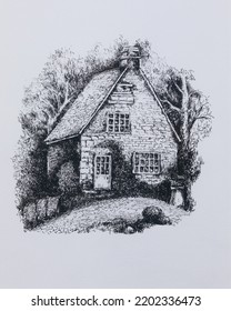 Old Beautiful Vintage Cottage In The Woods. A Detailed Sketch Of A House With A Tree Made With Liner