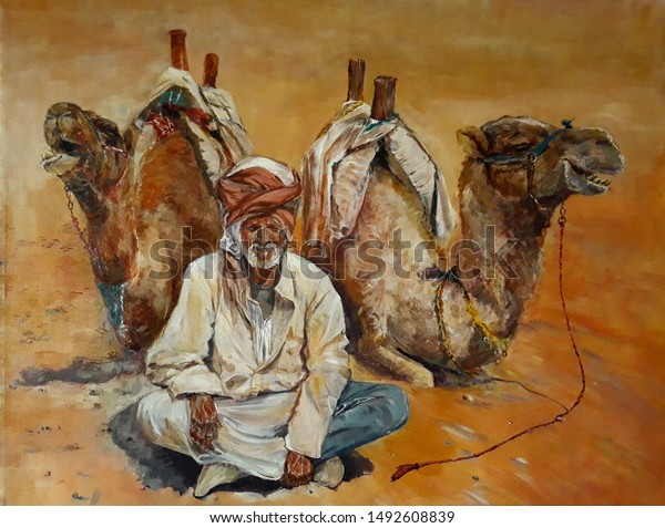 An old Bedouin, Karam Hatem al-Tai is sitting in the desert next to the camels. Oil and acrylic painting. 
