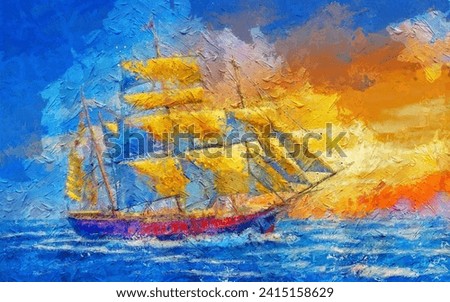 Old big sailboat. Vintage sail yacht. Beautiful ocean seascape with sunset. painting