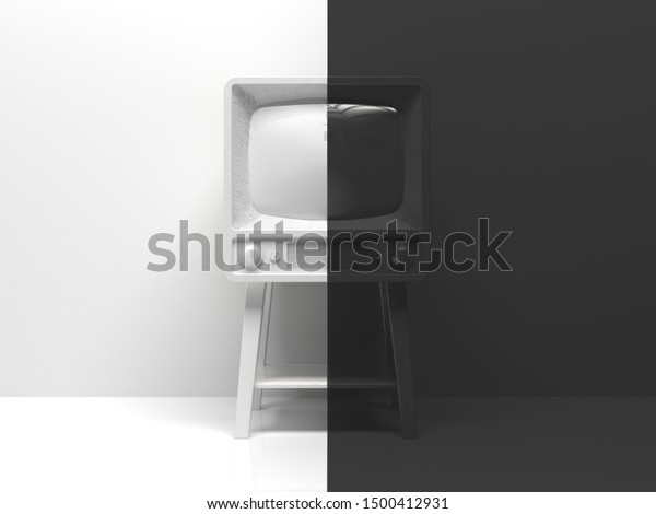 Old black\
and white tv in the interior divided in half into two parts in the\
middle.  One half is white, the other half is black. Creative\
conceptual illustration. 3D\
rendering.