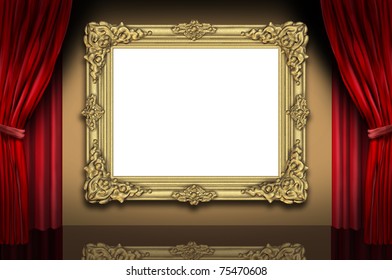 Old Blank Gold Frame With Red Velvet Curtain Display.