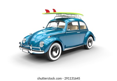 Old Blue Car With Surfboard Isolated On A White Background