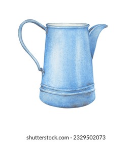 Old blue coffee pot, enamel water pitcher or milk jug. Metal jar- vintage kitchen utensil provence. Hand drawn watercolor painting illustration isolated on white background.