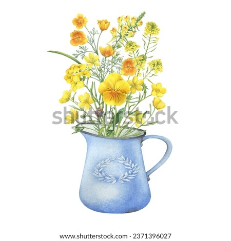 Old blue enamel water pitcher with yellow field Eschscholzia californica, wallflower, snapdragon, viola, mustard flowers. Watercolor hand drawn painting illustration isolated on white background