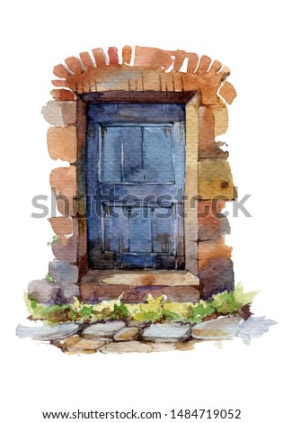 Old blue franch door watercolor illustration. Vintage wooden entrance with stone arch and steps. Isolated on white background.