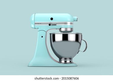 Old Blue Kitchen Stand Food Mixer On A Red Background. 3d Rendering