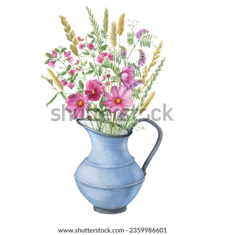 Old blue water pitcher with field mouse peas pink, vicia cracca, cosmea, viola flowers. Hand drawn watercolor painting illustration isolated on white background.