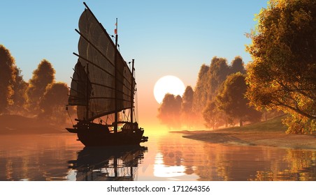 Old Boat With Sails On A Colorful Background Lanshafty.