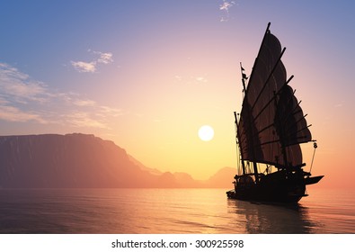 Old Boat With Sails On A Colorful Background Lanshafty.