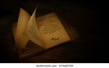 Old Book Page Flipping. Vintage Story Book Turning Pages. The End Of Book. 3D Rendering Illustration.