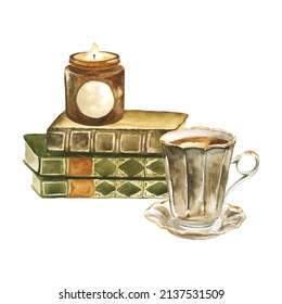 Old books pile, antique porcelain teacup, candle composition. Watercolor hand painted cozy tea time elements isolated on white background. Comfort reading illustration for scrapbook, postcard, banner.