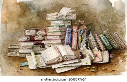 Old books and scrolls painted in watercolor. An open old book surrounded by scrolls and folios. A still life made of ancient folios, scrolls, an inkwell with a pen and gold coins.