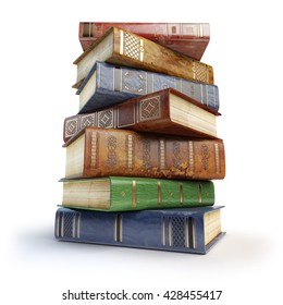 Old Books. Stack Of Vintage Books Isolated On White. 3d Illustration