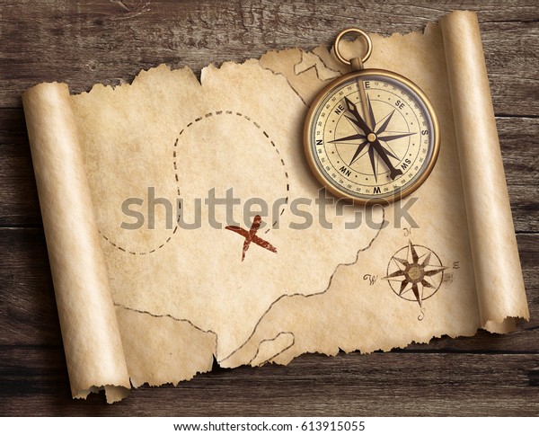 宝地図3dイラストとテーブルの古い真鍮の海図 のイラスト素材