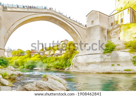 Old Bridge (Stari Most) in Mostar, color sketch illustration. 