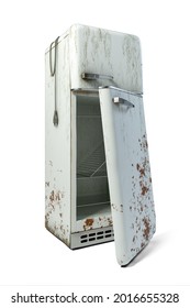 Old Broken Down White Retro Fridge Isolated On White Background 3D