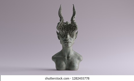 Old Bronze Antique Horned Demon Queen Statue Bust 3d Illustration