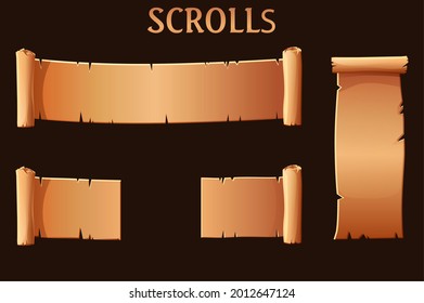 Old brown paper scrolls, blank template for the game ui. Set of torn empty papyrus for manuscript for graphic design. 