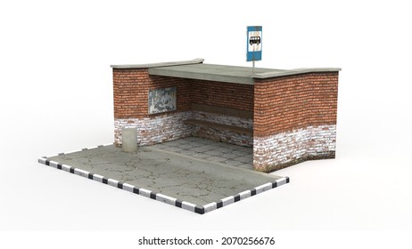 Old Bus Stop Render On A White Background. 3D Rendering