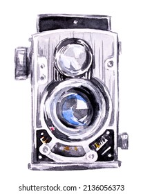 Old Camera Illustration. Watercolor Vintage Photo Camera Design. Photography Logo Clipart. Antique Photo Equipment.