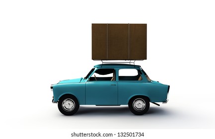 Old Car With A Big Cardboard Box On Top